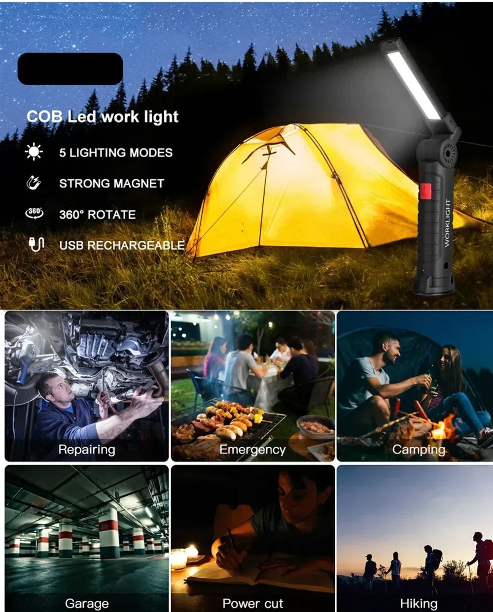 Rechargeable LED Work Light – Dimmable Inspection Torch with Magnetic Base & 18650 Battery