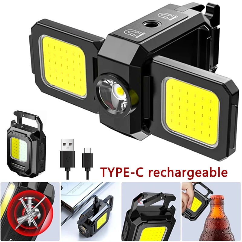 Mini Flashlight Keychain USB Rechargeable COB Work Light with 90 Foldable Side Lights Super Bright