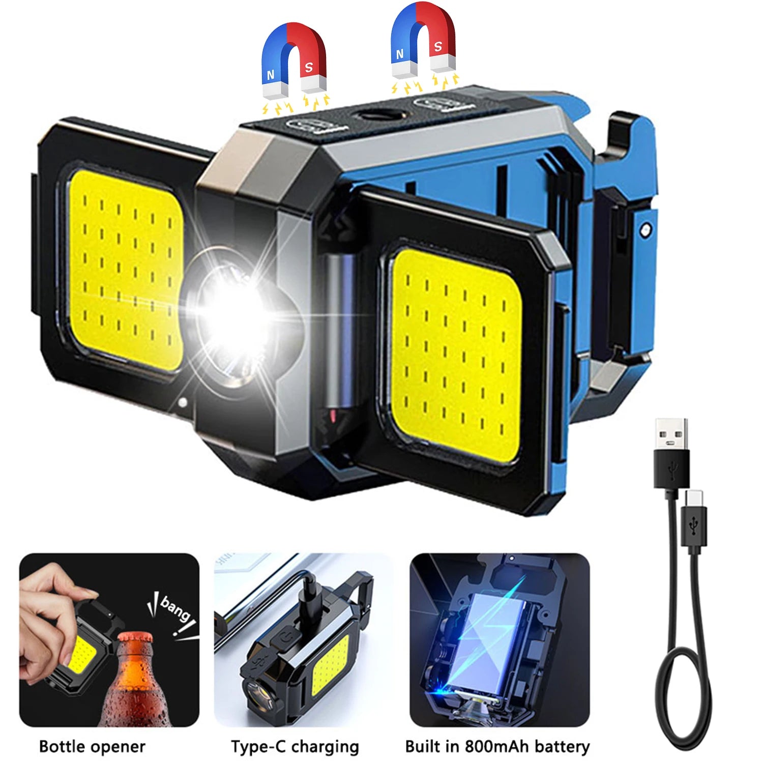 Mini Flashlight Keychain USB Rechargeable COB Work Light with 90 Foldable Side Lights Super Bright