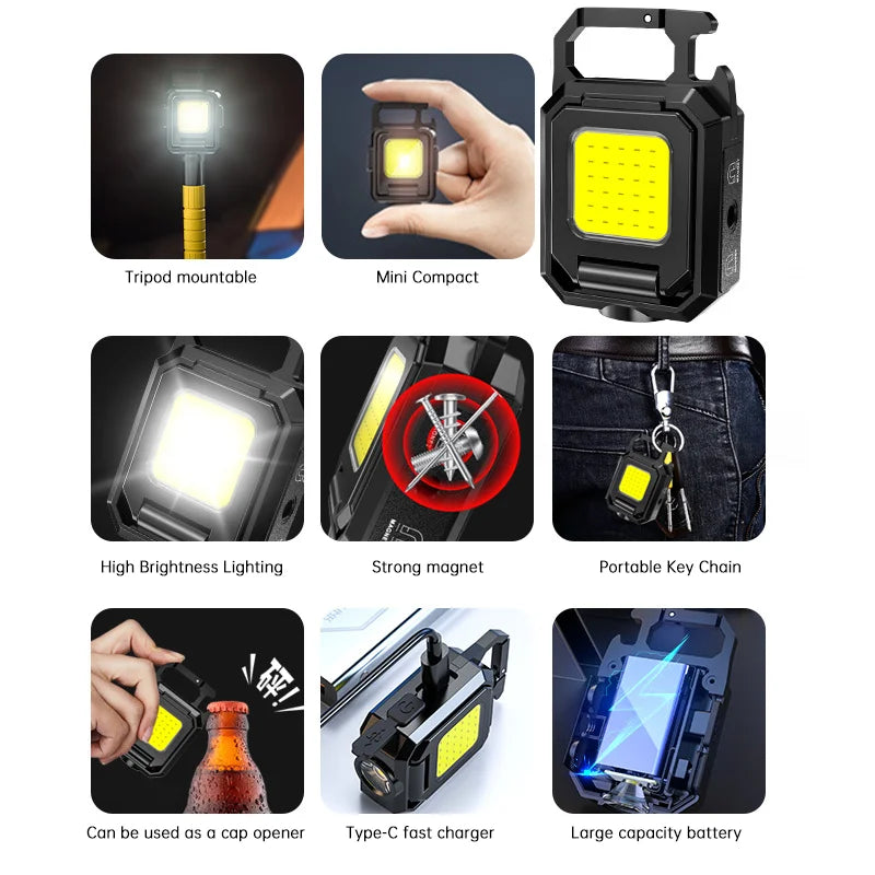 Mini Flashlight Keychain USB Rechargeable COB Work Light with 90 Foldable Side Lights Super Bright