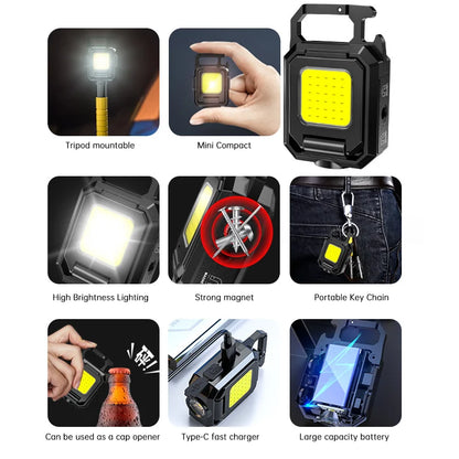 Mini Flashlight Keychain USB Rechargeable COB Work Light with 90 Foldable Side Lights Super Bright