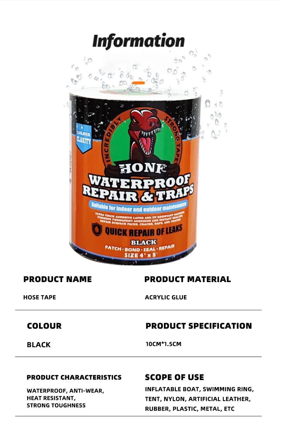 UltraStrong Waterproof Tape  High Strength  Toughness For Leak Repairs BlackTransparent 3