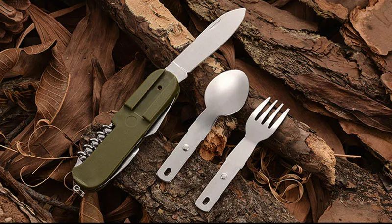 Stainless Steel Foldable Dinnerware Set  7in1 Multifunctional Outdoor Utensils For Picnic Camping   6