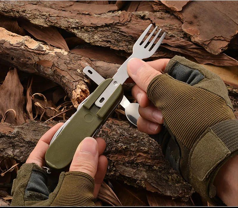Stainless Steel Foldable Dinnerware Set  7in1 Multifunctional Outdoor Utensils For Picnic Camping   11