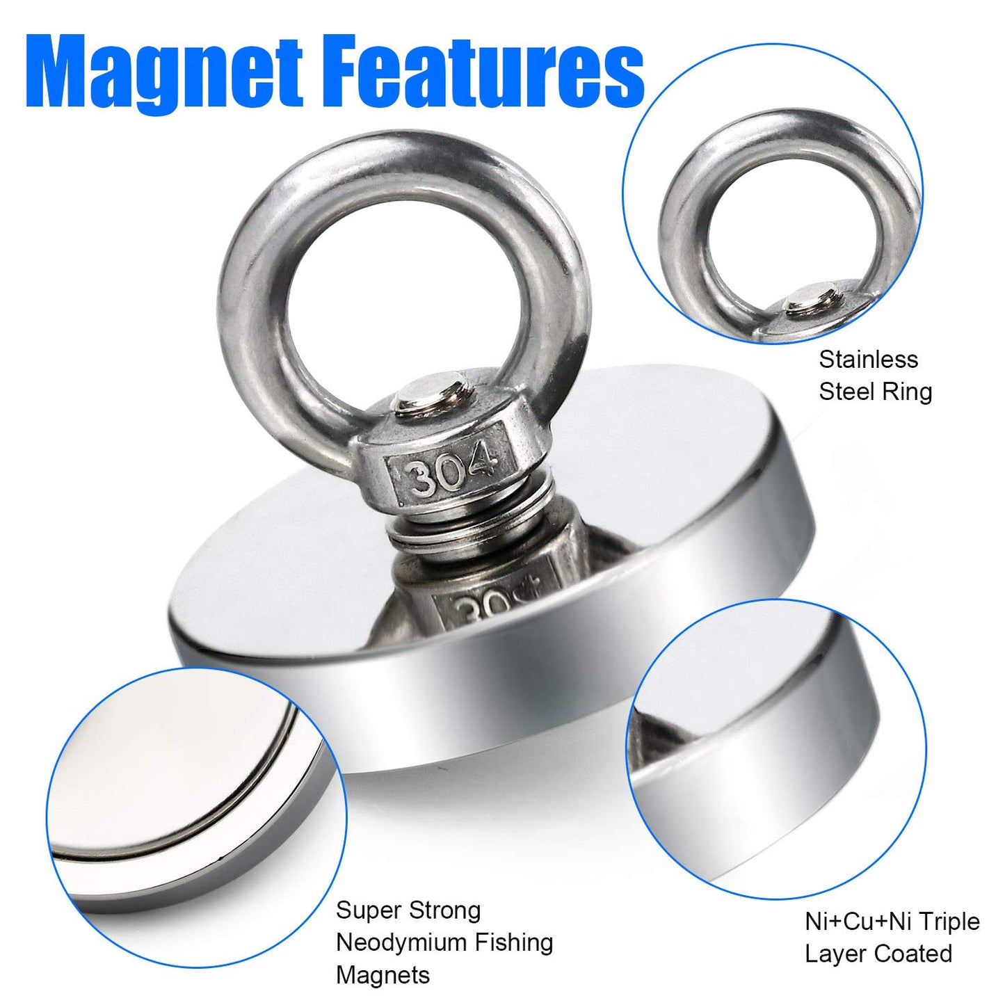 Super Strong Neodymium Fishing Magnets Heavy Duty Rare Earth Magnet with Eyebolt for Salvage & Magnetic Fishing