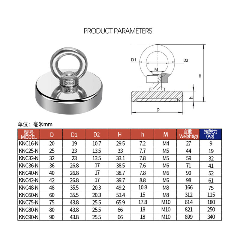Super Strong Neodymium Fishing Magnets Heavy Duty Rare Earth Magnet with Eyebolt for Salvage & Magnetic Fishing