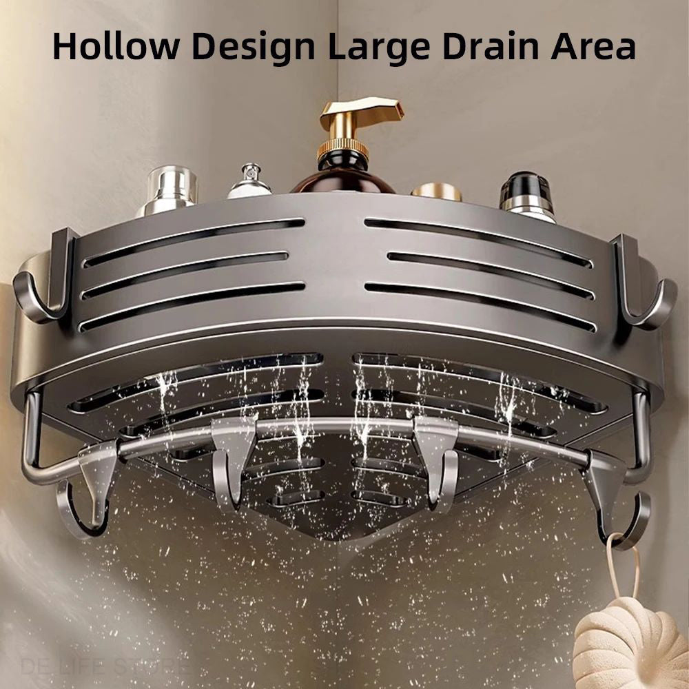 Aluminum Shower Storage Rack NoDrill Corner Shelf with Plastic Hook  Towel Bar for Bathroom