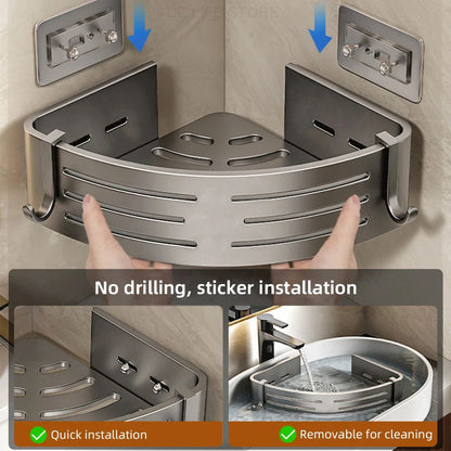Aluminum Shower Storage Rack NoDrill Corner Shelf with Plastic Hook  Towel Bar for Bathroom