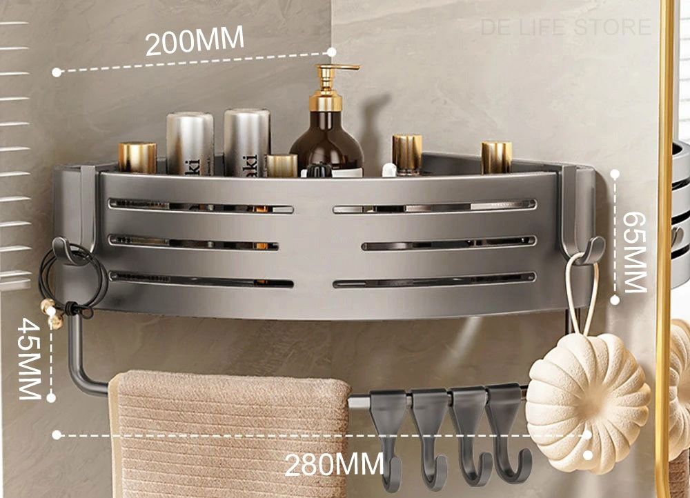 Aluminum Shower Storage Rack NoDrill Corner Shelf with Plastic Hook  Towel Bar for Bathroom