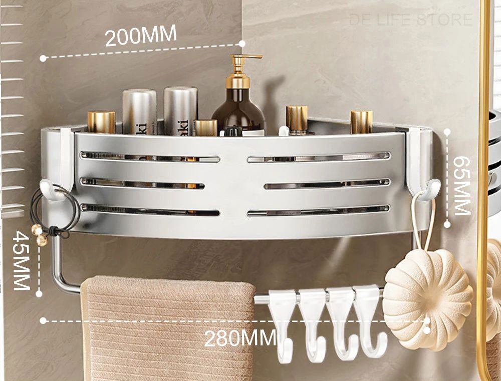 Aluminum Shower Storage Rack NoDrill Corner Shelf with Plastic Hook  Towel Bar for Bathroom