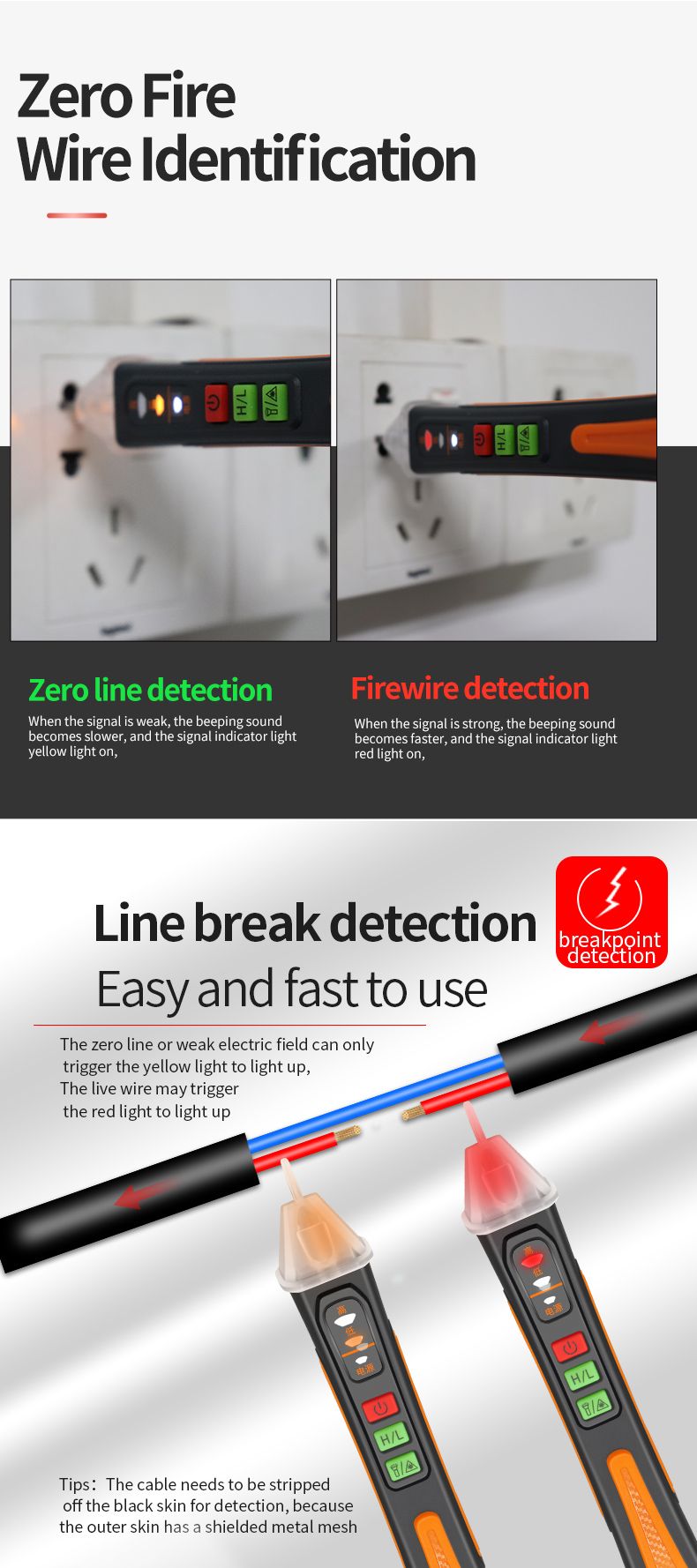Electrical Pen Voltage Detector NonContact AC Tester with Smart Breakpoint Detection 121000V
