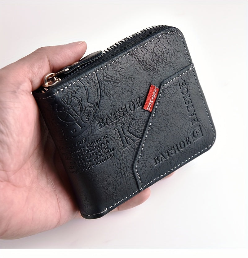 Slim Wallet for Men Stylish PU Wax Oil Skin Card Holder with Zipper