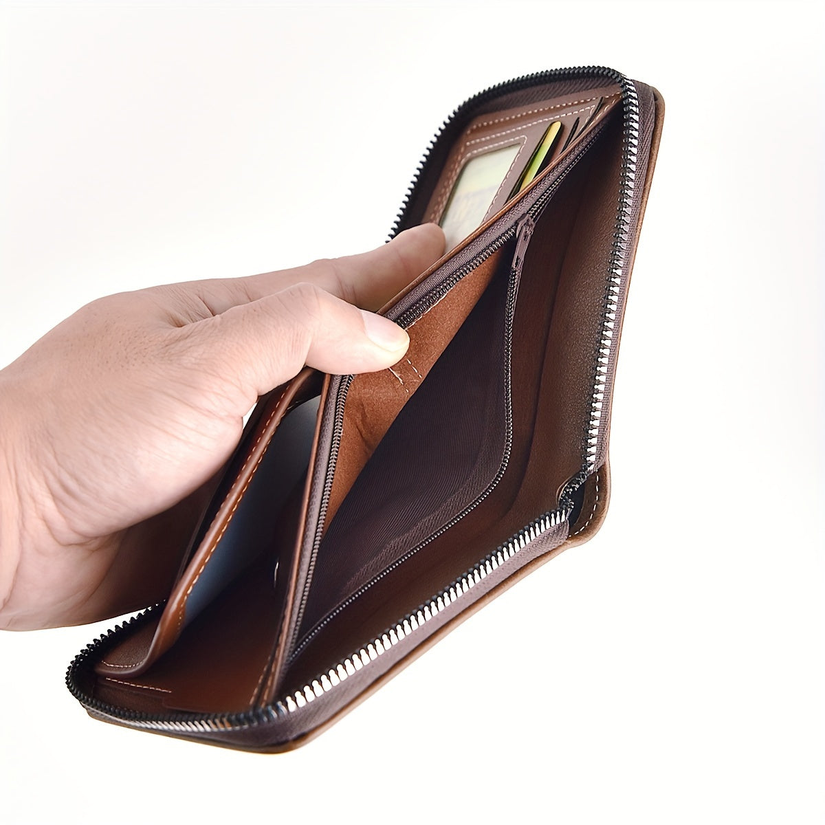 Slim Wallet for Men Stylish PU Wax Oil Skin Card Holder with Zipper