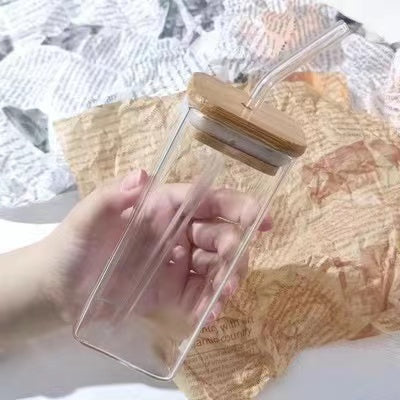Square HeatResistant Coffee Glass Cup with Lid  Straw Transparent Milk Tea Juice Cups for Home B
