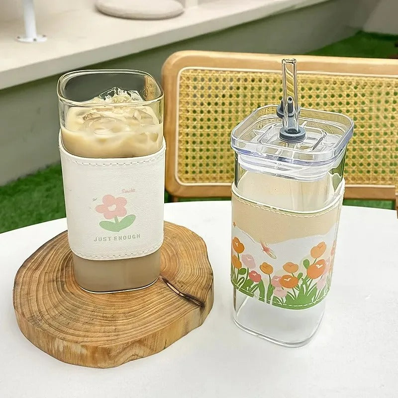Square HeatResistant Coffee Glass Cup with Lid  Straw Transparent Milk Tea Juice Cups for Home B
