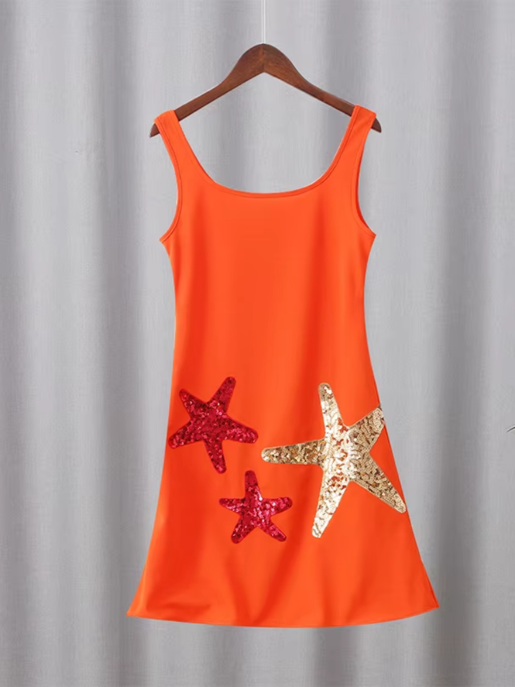 Chic Sparkling Star Print Ruffle Women Mini Dresses, Elegant Sleeveless Backless Pleated Knit Prom Dresses