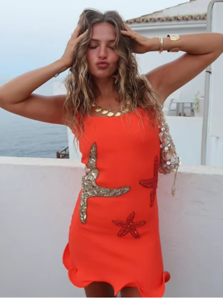 Chic Sparkling Star Print Ruffle Women Mini Dresses, Elegant Sleeveless Backless Pleated Knit Prom Dresses