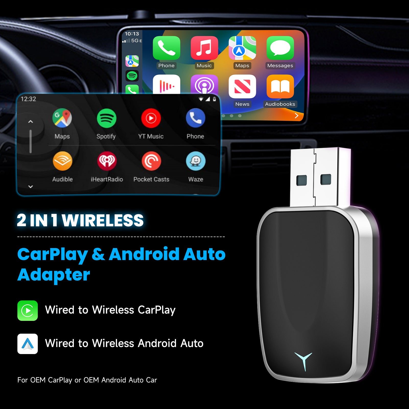 Wireless CarPlay Adapter  Android Auto Dongle Plug  Play Converter For Factory Wired Systems 1