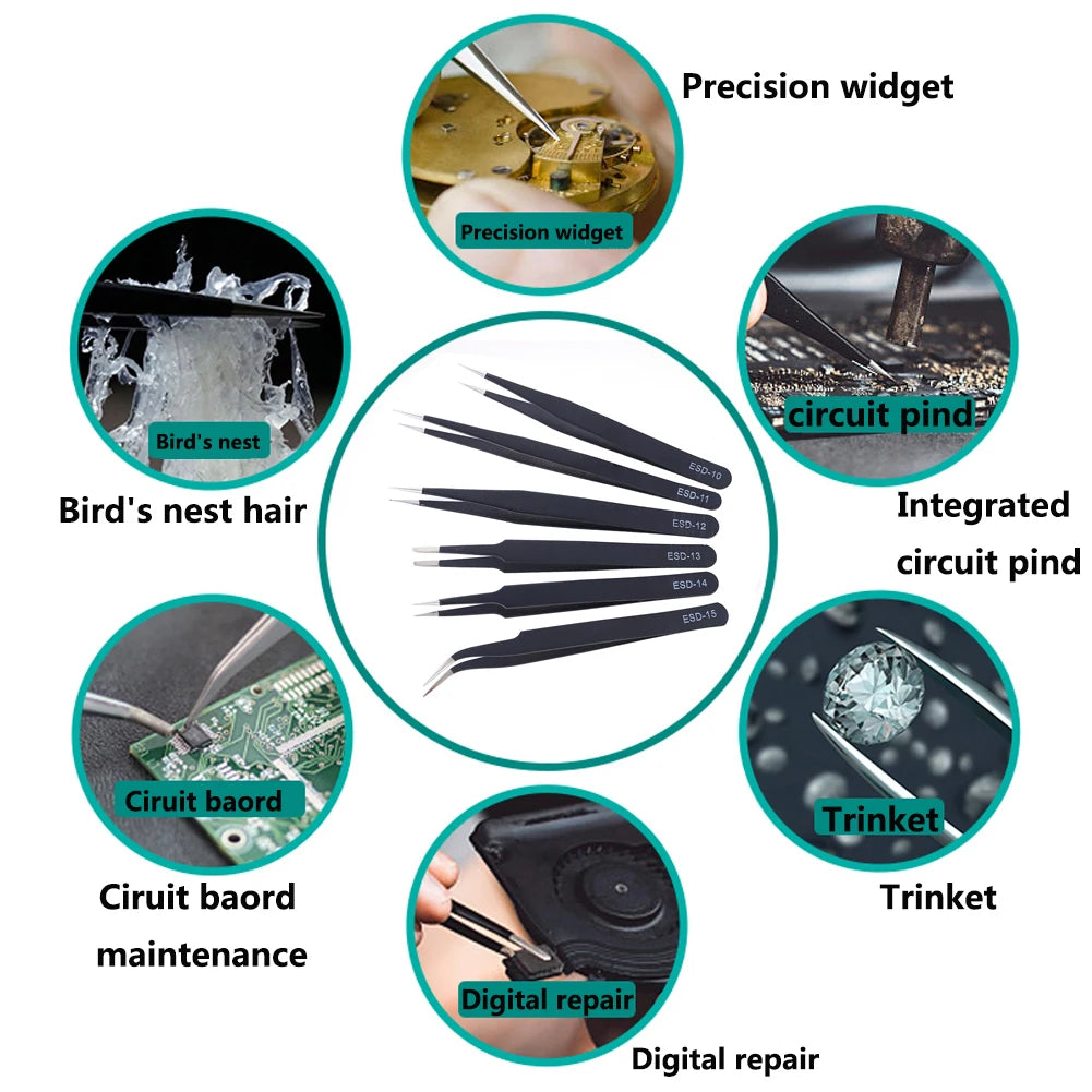 Stainless Steel Tweezers Maintenance Tool Industrial ESD Anti Static Precision Tweezers for Repair & Electronics