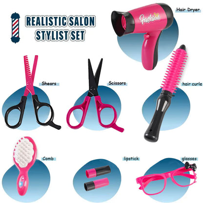 Girls Beauty Salon Set Pretend Play Hair Cutting Kit With Hair Dryer Scissors Barber Apron  Styling 1