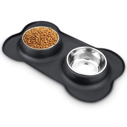Non-Slip Silicone Mat Double Dog Bowl, Durable Stainless Steel Feeding & Drinking Bowls for Pets