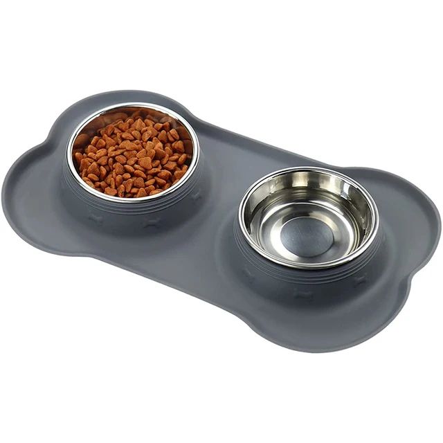 NonSlip Silicone Mat Double Dog Bowl Durable Stainless Steel Feeding  Drinking Bowls For Pets 2