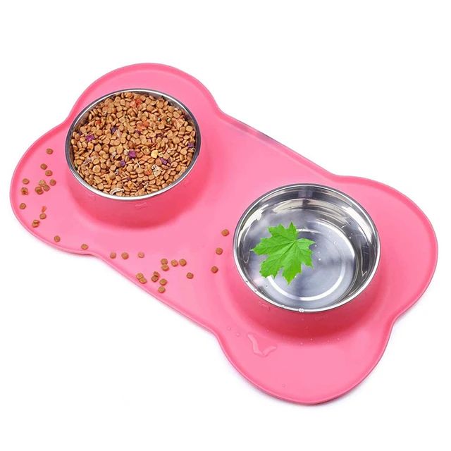 NonSlip Silicone Mat Double Dog Bowl Durable Stainless Steel Feeding  Drinking Bowls For Pets 3