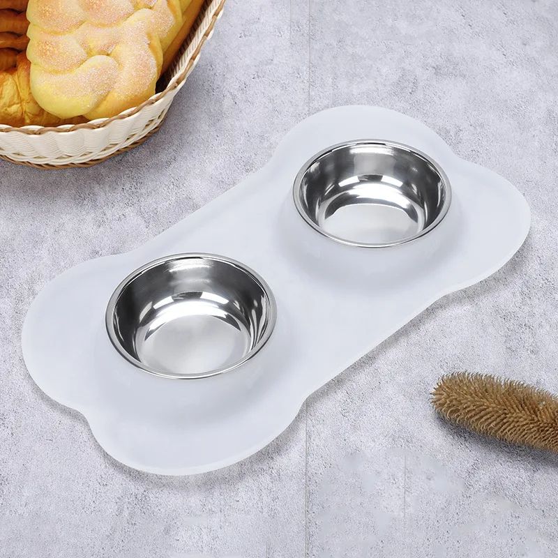 NonSlip Silicone Mat Double Dog Bowl Durable Stainless Steel Feeding  Drinking Bowls For Pets 4