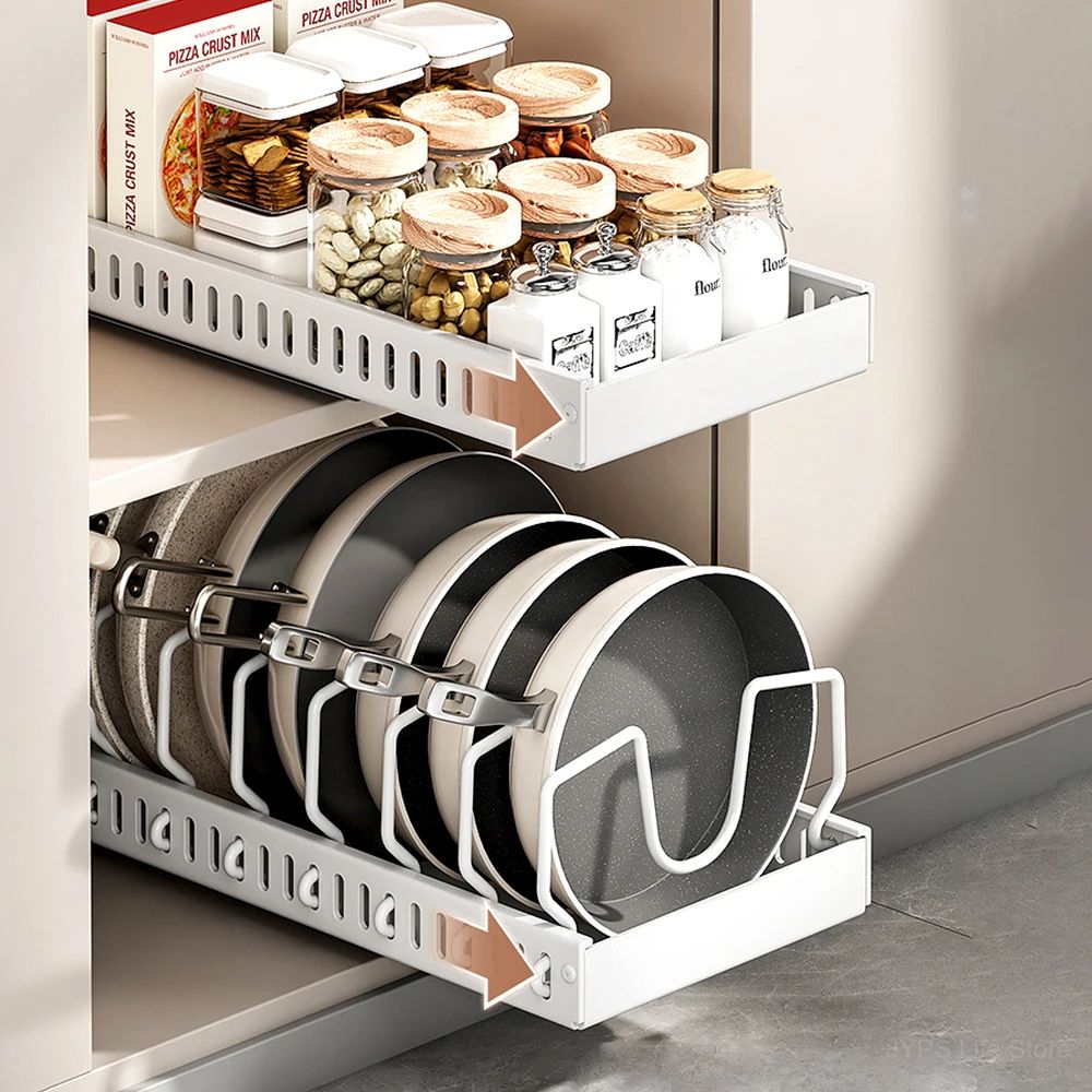 Under Cabinet Sliding Drawer Pot Lid Organizer, Pull Out Kitchen Pots and Pans Storage Tray