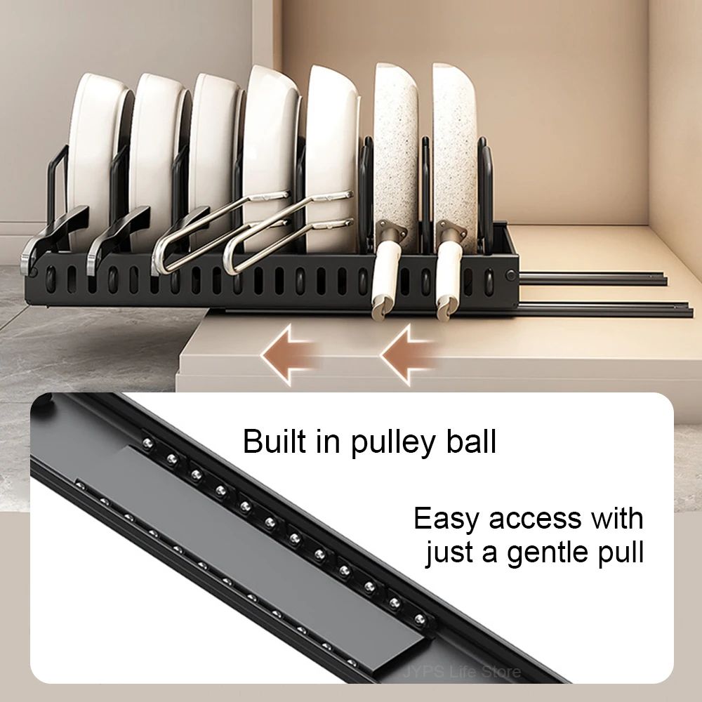 Under Cabinet Sliding Drawer Pot Lid Organizer Pull Out Kitchen Pots And Pans Storage Tray 9