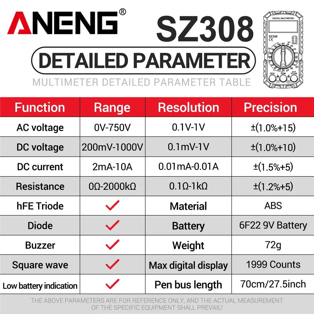 Professional Digital Multimeter ANENG SZ308 With Buzzer Triode Test  AutoRanging For Electricians   5