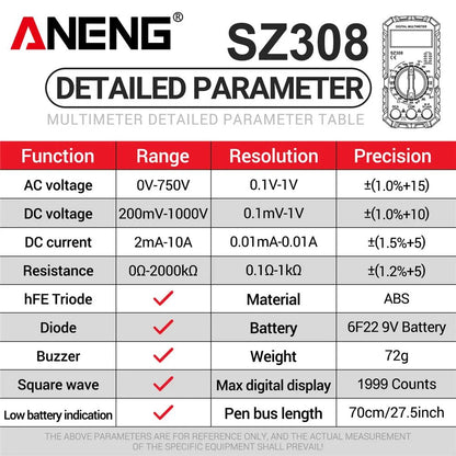 Professional Digital Multimeter ANENG SZ308 With Buzzer Triode Test  AutoRanging For Electricians   5
