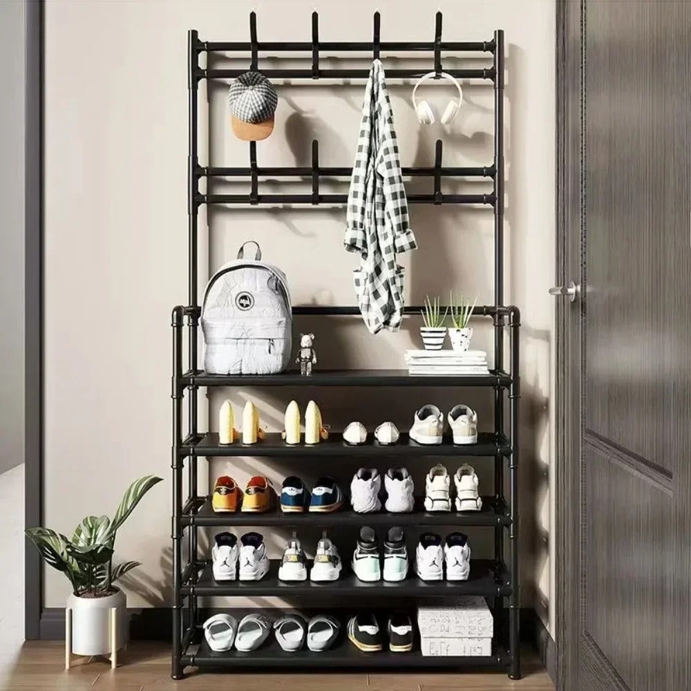 minimalist closet hanger organizer with builtin shoe storage