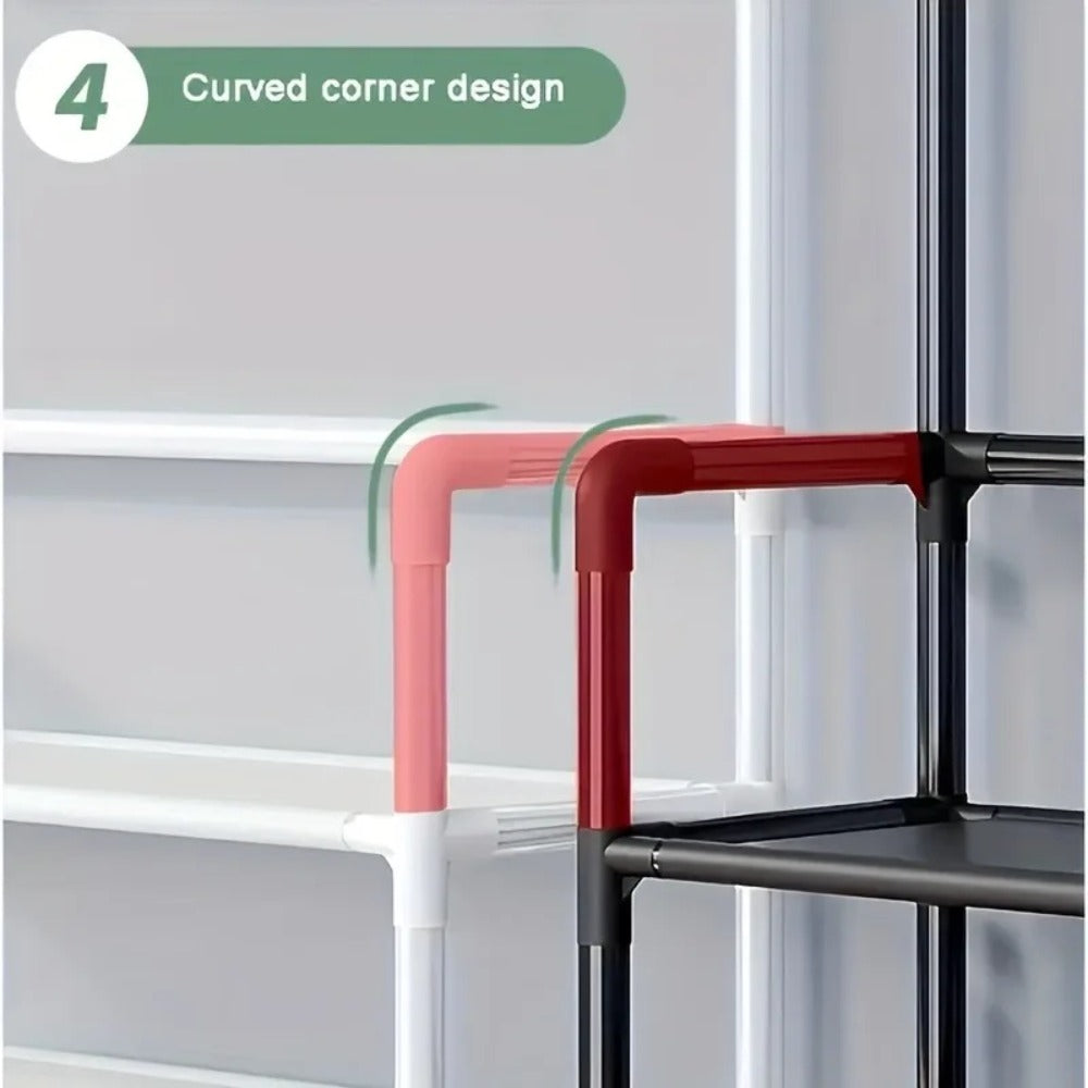 stackable shoe shelf with adjustable height and garment hooks