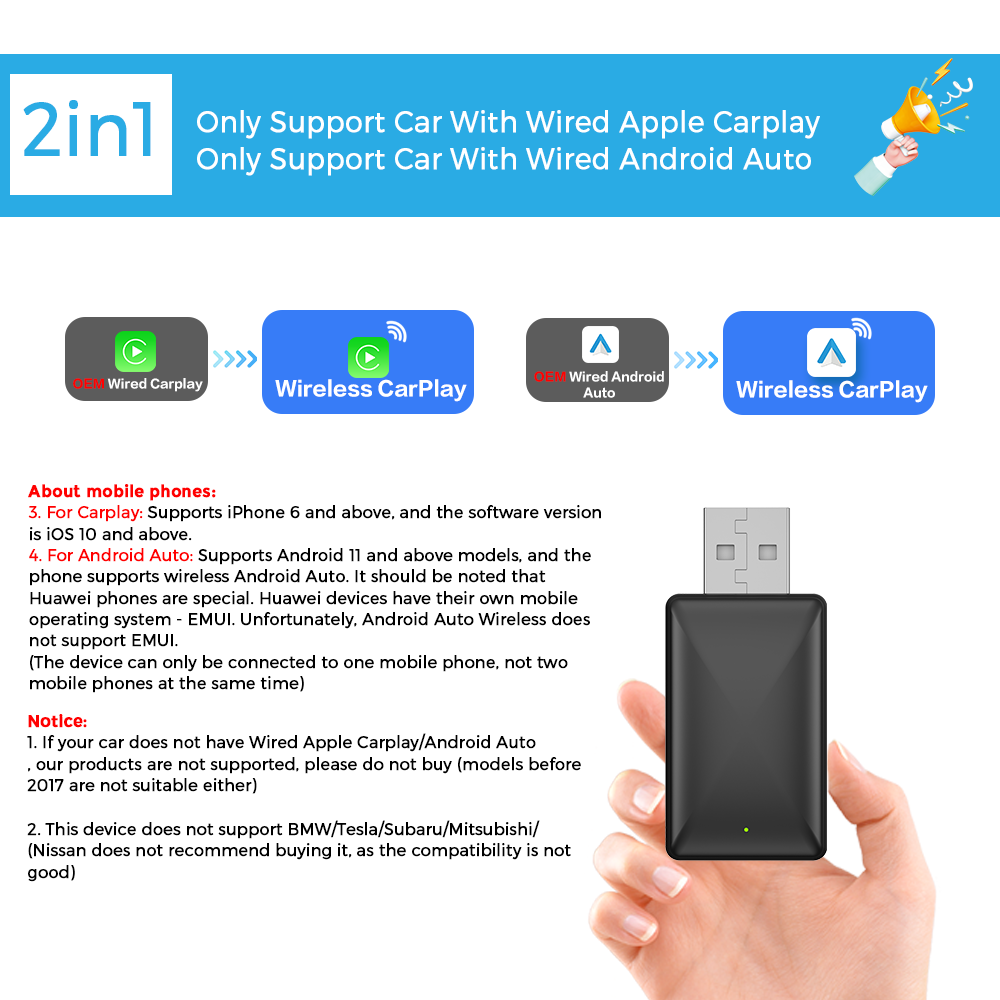PLAYAIBOX 2 In 1 Wireless CarPlay  Android Auto Adapter For IPhoneAndroid In Benz Audi Kia Jeep  Mo
