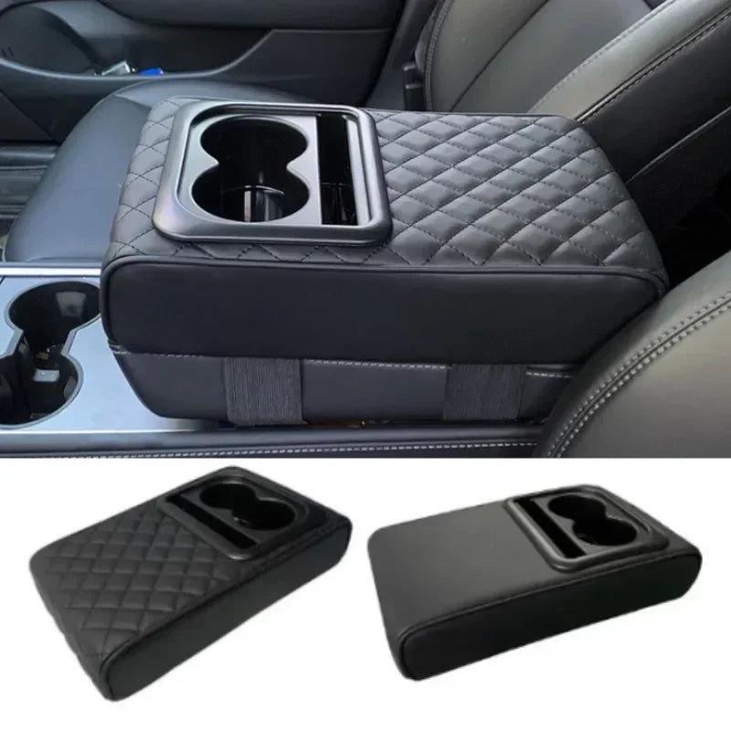 Universal Car Center Console Armrest Cushion with 2 Cup Holders, PU Leather Height Adjustable Pad for Comfort & Storage