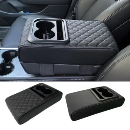 Universal Car Center Console Armrest Cushion with 2 Cup Holders, PU Leather Height Adjustable Pad for Comfort & Storage