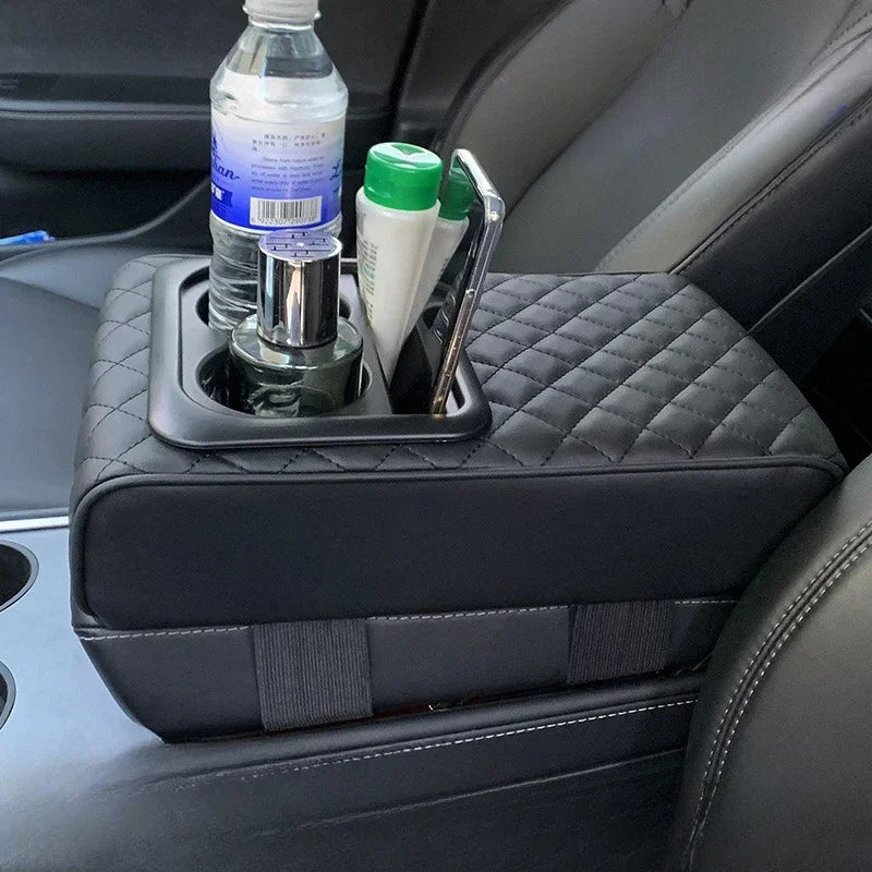 Universal Car Center Console Armrest Cushion With 2 Cup Holders PU Leather Height Adjustable Pad Fo 1
