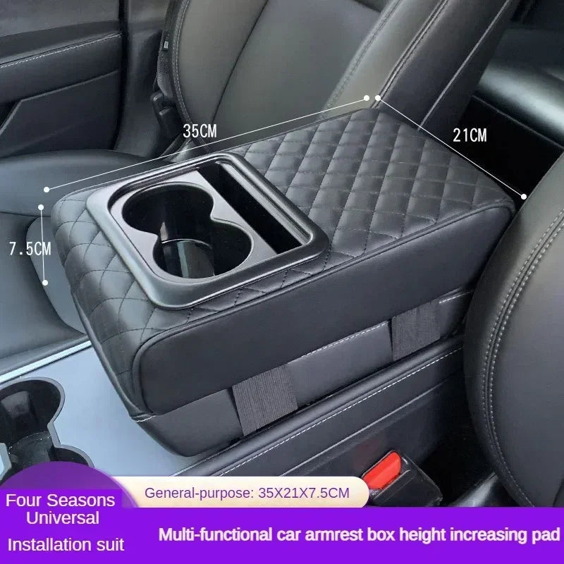 Universal Car Center Console Armrest Cushion With 2 Cup Holders PU Leather Height Adjustable Pad Fo 2