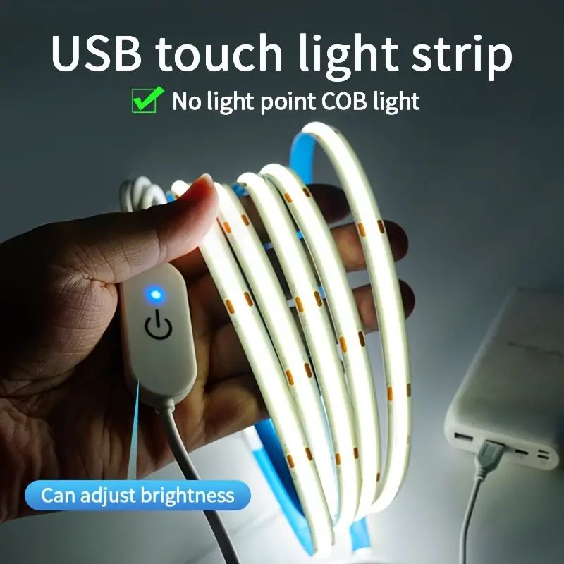 USB 5V COB LED Light Strip, Flexible Touch Dimmer Diode Tape for DIY Room, TV, Mirror Backlight & Wall Decor