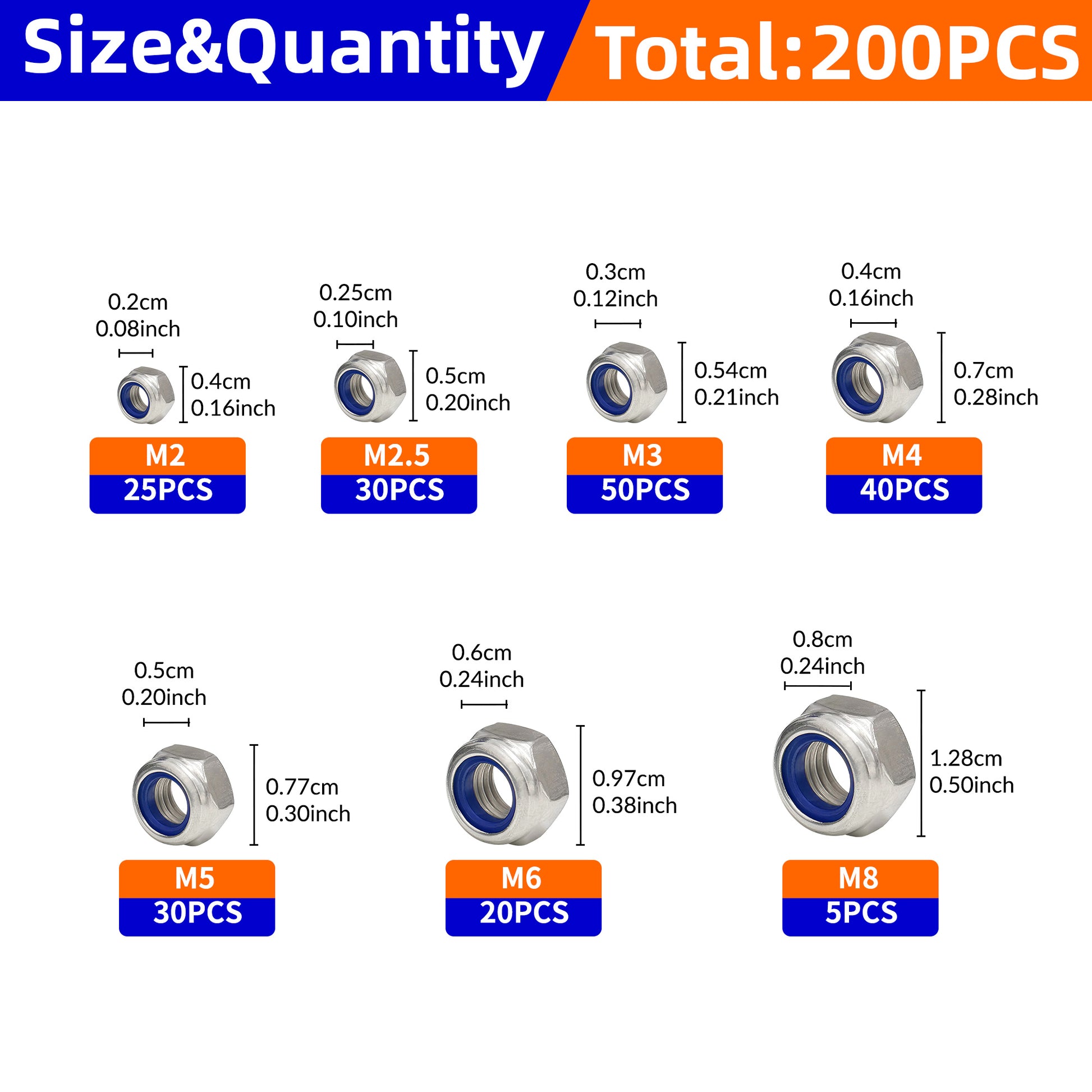 Hex Nylon Insert Self-Locking Nuts Assortment Kit – 200pcs M2-M8 Locknut Set (304 Stainless Steel)