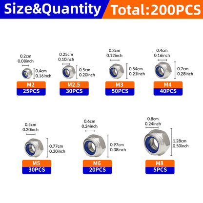 Hex Nylon Insert Self-Locking Nuts Assortment Kit – 200pcs M2-M8 Locknut Set (304 Stainless Steel)