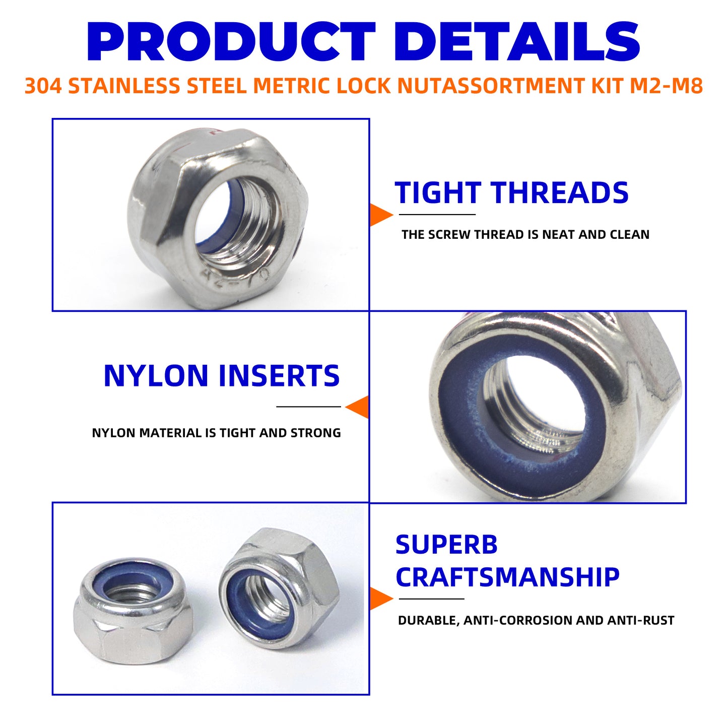 Hex Nylon Insert Self-Locking Nuts Assortment Kit – 200pcs M2-M8 Locknut Set (304 Stainless Steel)