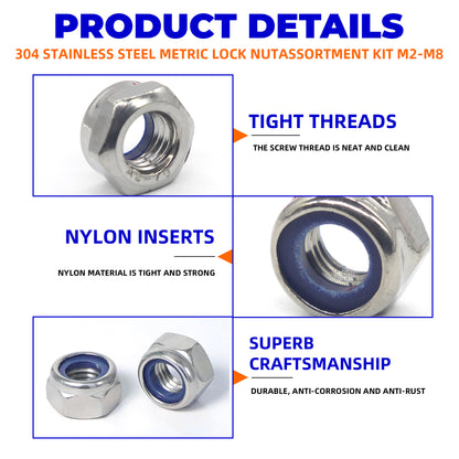 Hex Nylon Insert Self-Locking Nuts Assortment Kit – 200pcs M2-M8 Locknut Set (304 Stainless Steel)