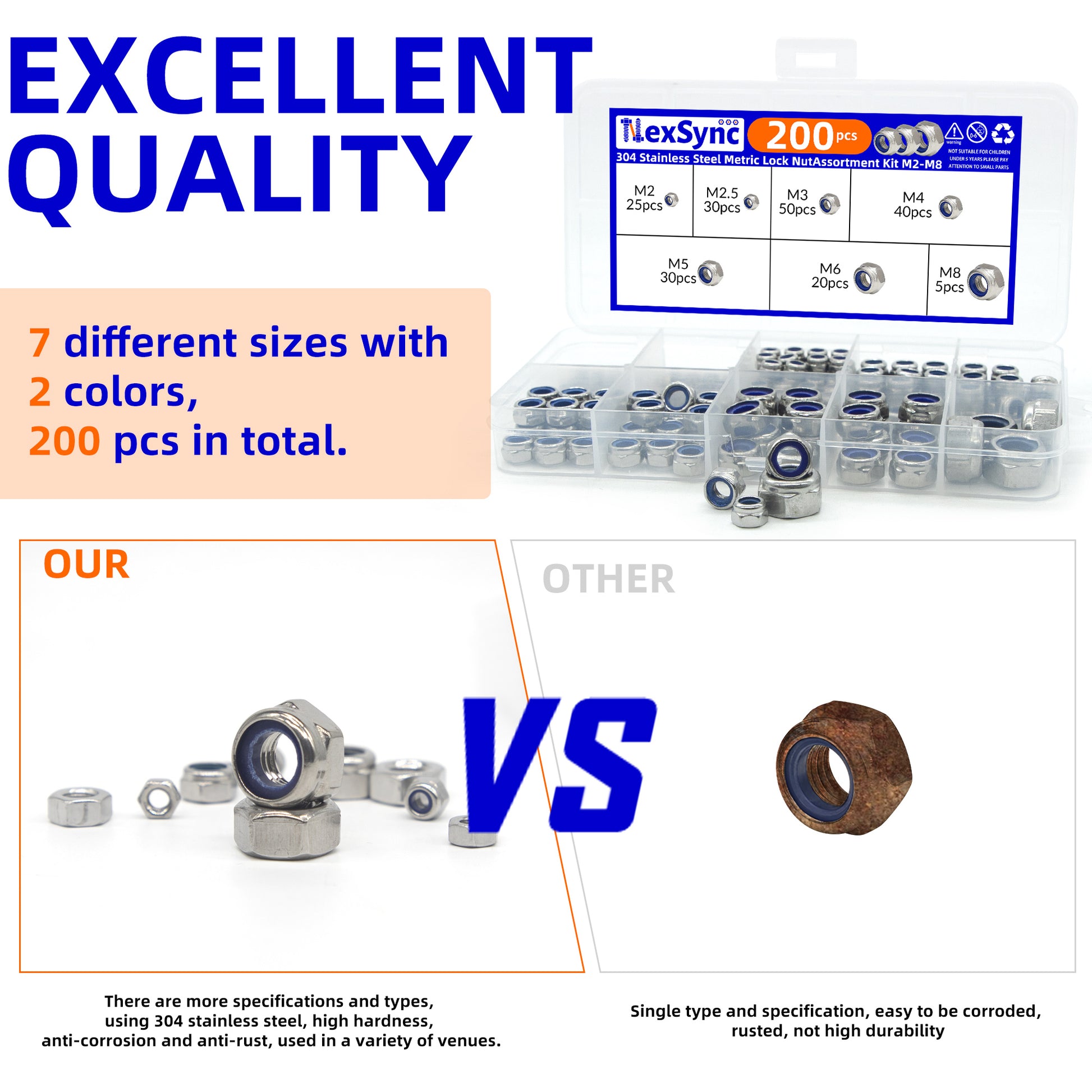 Hex Nylon Insert Self-Locking Nuts Assortment Kit – 200pcs M2-M8 Locknut Set (304 Stainless Steel)