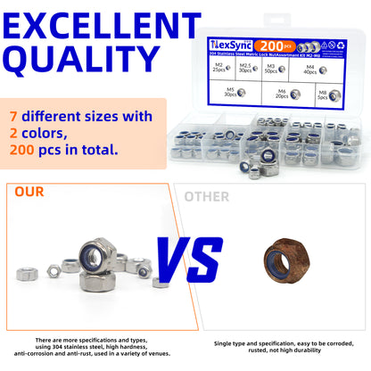 Hex Nylon Insert Self-Locking Nuts Assortment Kit – 200pcs M2-M8 Locknut Set (304 Stainless Steel)