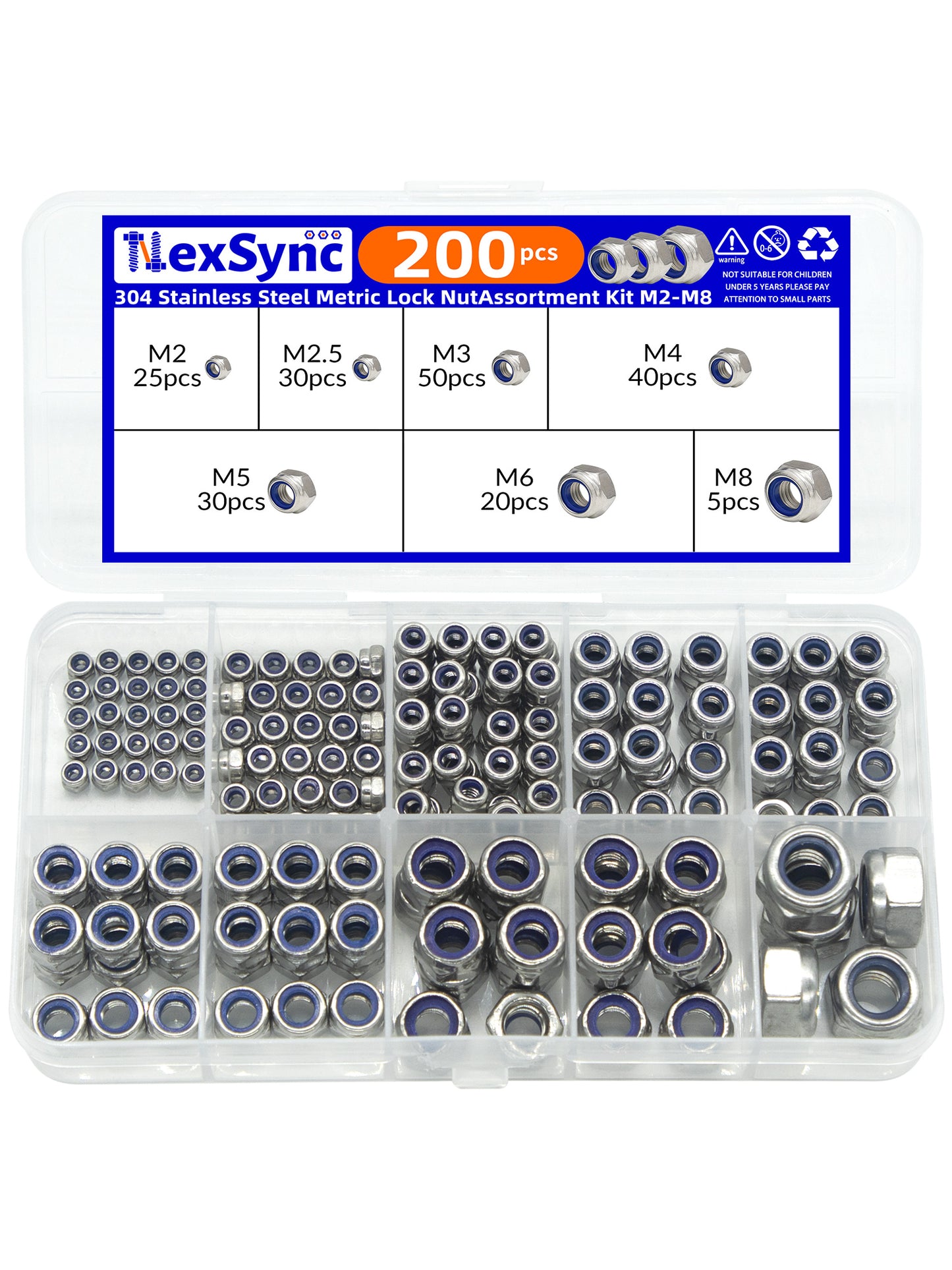 Hex Nylon Insert Self-Locking Nuts Assortment Kit – 200pcs M2-M8 Locknut Set (304 Stainless Steel)