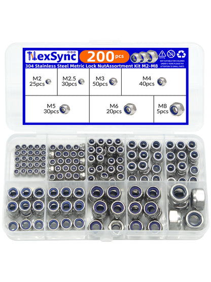 Hex Nylon Insert Self-Locking Nuts Assortment Kit – 200pcs M2-M8 Locknut Set (304 Stainless Steel)