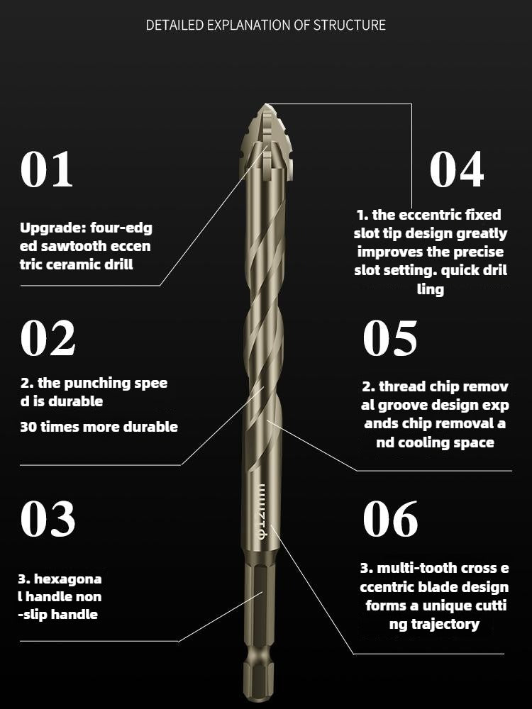 HighFourEdged Serrated Eccentric Drill Bit Dry Drilling For Ceramic Tiles Glass Marble  Concrete 3