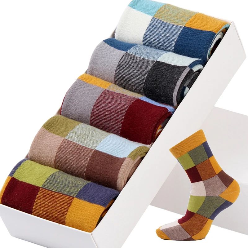 Combed Cotton Men's Compression Dress Socks, Colorful Square Pattern